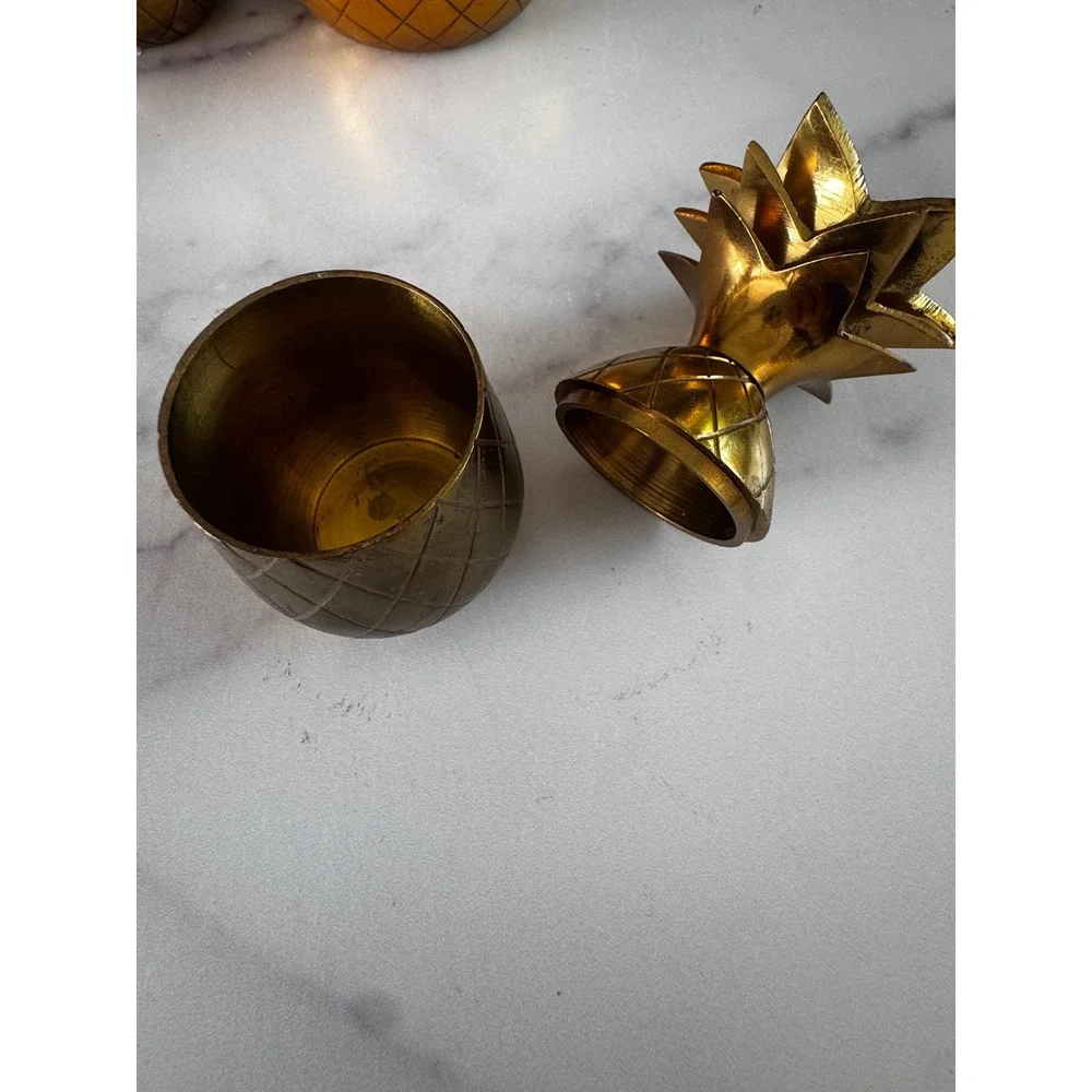 Vintage Brass Pineapple Set 3pc Hollywood Regency/Tiki Gold Barware Decor 7